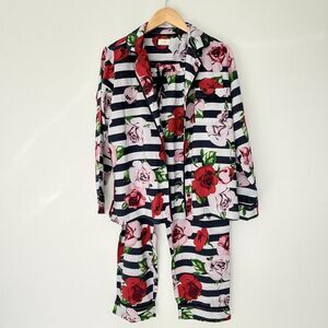 Kate Spade Pajama Set Womens Large Navy Stripe Floral Roses Cotton Rayon 2 Piece